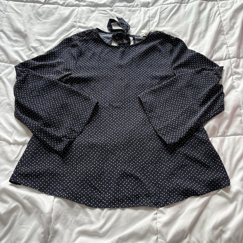 Womens Size 8‎ Blouse Blue Polka Dot Long Bell Sleeve Officechic Corpcore City